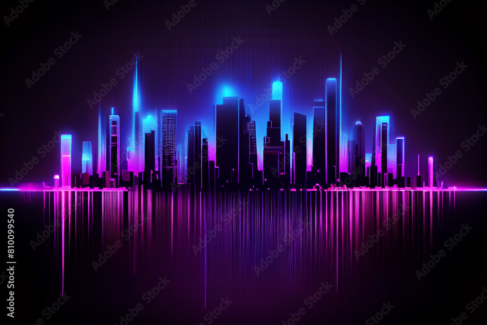 abstract futuristic digital high tech fantastic city with neon lights on a dark background with reflection, urban glowing ultraviolet skyscrapers, cyber space. Hi-tech, future network for web banner