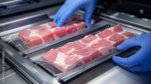   A person in blue gloves inserts raw meat into a tray on a conveyor belt at a meat processing plant