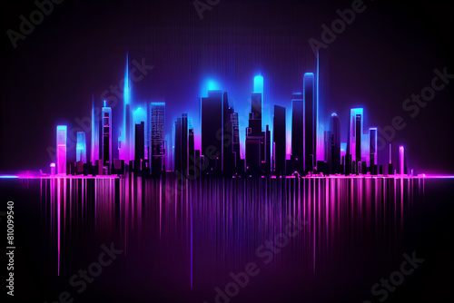 abstract futuristic digital high tech fantastic city with neon lights on a dark background with reflection  urban glowing ultraviolet skyscrapers  cyber space. Hi-tech  future network for web banner