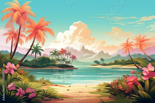 Illustration of a serene tropical beach with palm trees  mountains  and a sunset sky