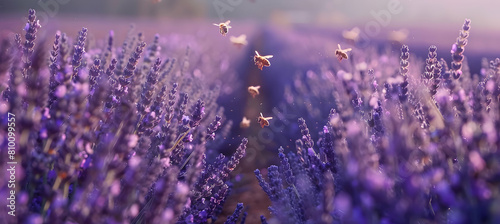 Rows of lavender stretching to the horizon, a soft purple haze filling the air, with bees buzzing gently from flower to flower photo