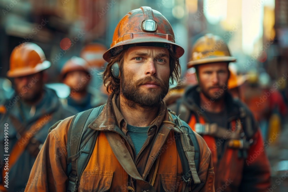 Serious-faced construction workers in hard hats pose in a busy city environment, representing teamwork and labor Serious-faced construction workers in hard hats pose in a busy city environment, representing teamwork and labor