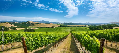 Rows of lush green grapevines stretching towards a distant horizon under a clear blue sky, emphasizing the vastness and beauty of the vineyard