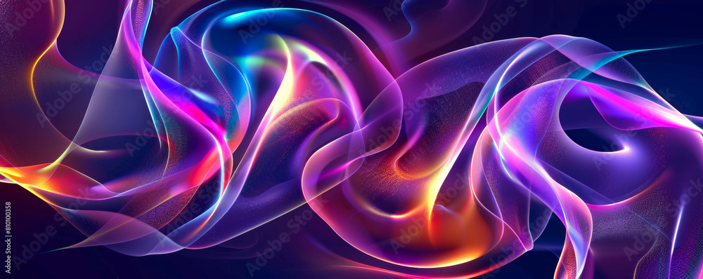 Naklejka premium Horizontal curves neon textile waves, flow holographic silk curls folds, fashionable neon lilac drapery, shimmering background for creative banner, card, cover, book, gift card, fashion style.
