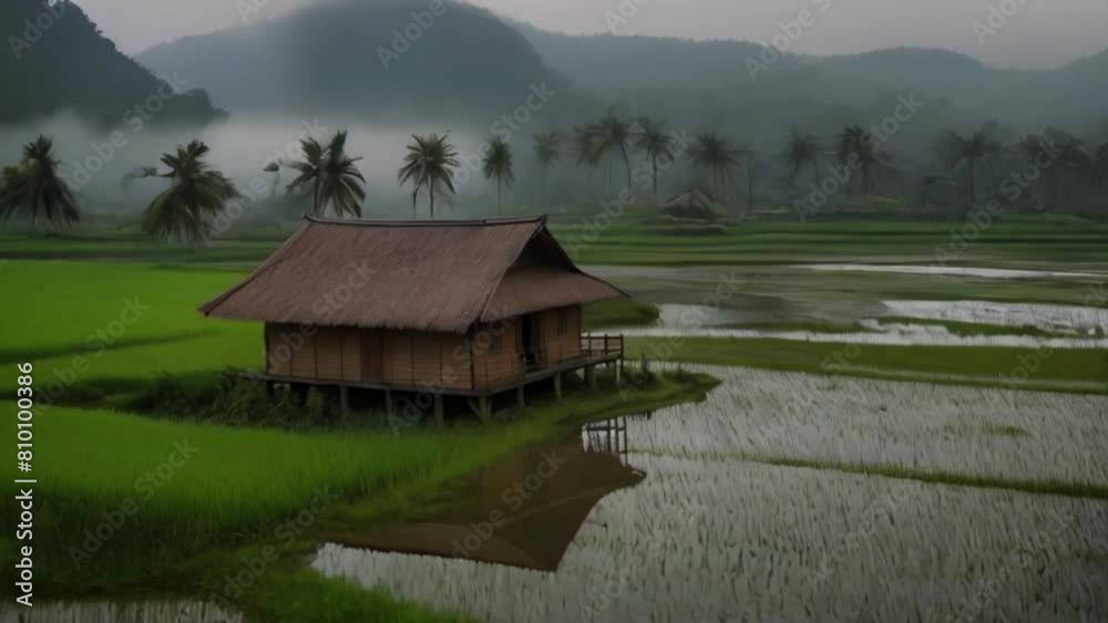 Hut in the mountains, an Asian village with huts, trees, crop fields, water, mountains in the foggy morning Generative AI Hut in the mountains, an Asian village with huts, trees, crop fields, water, mountains in the foggy morning Generative AI