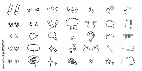 Comic cartoon face expressions in doodle line art style. Anime manga eyes and sound effects with different emotions. Hand drawn ink vector illustration of love, anger, sadness,puzzled character.