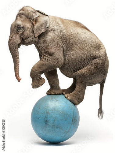An elephant balancing on a blue ball  isolated on white background.