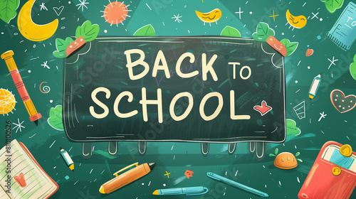 Colorful illustration of a chalkboard with 'back to school' lettering surrounded by cute school icons