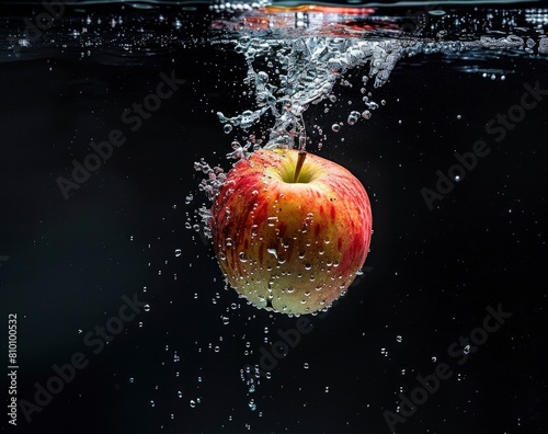 An apple falling into water with black background