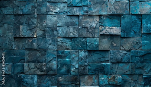 Close-up image capturing the rich texture and patterns of a dark blue stone wall, creating an abstract look