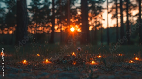   The sun sets behind a forest of tall grass and small white flowers