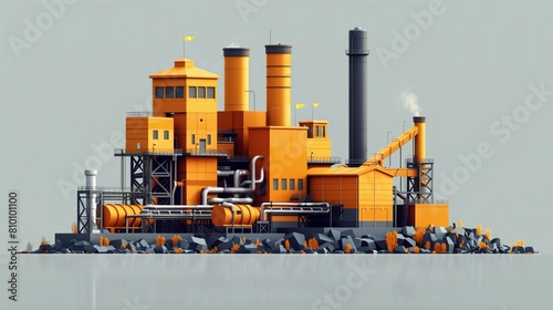Flat solid color illustration of an amber-colored biomass power plant on a slate gray background converting waste to energy.
