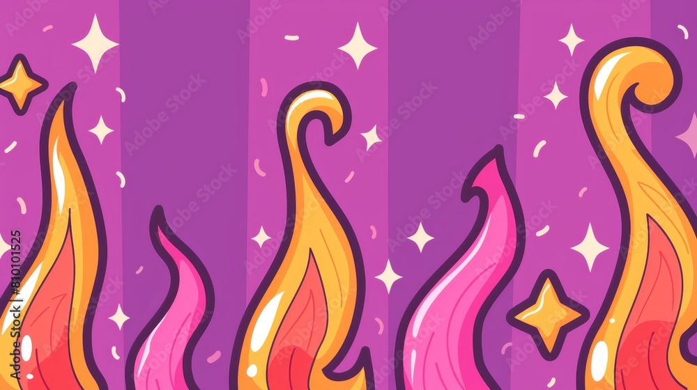 Fototapeta premium Three cartoon flames with stars, atop a purple backdrop Background includes a pink and purple striped wallpaper