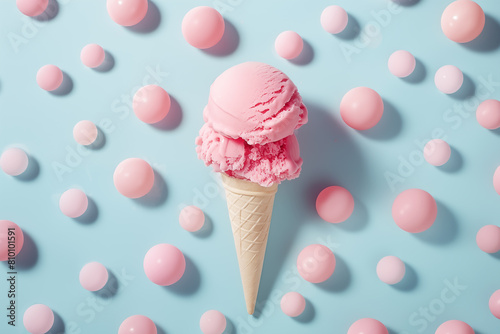 Pink ice cream cone surrounded by pink sphere on blue background