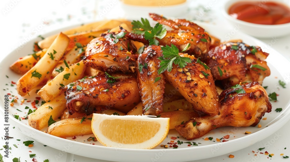 Side view, delicious french fries with baked chicken on a white background. Generative AI. Side view, delicious french fries with baked chicken on a white background. Generative AI.
