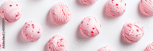 Bubble gum flavored ice cream scoops on white background banner. Panoramic web header. Wide screen wallpaper