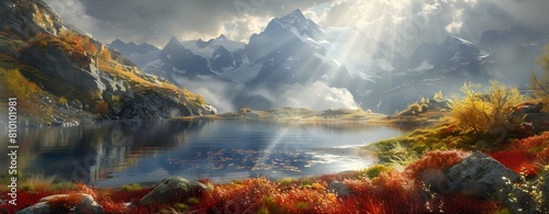 Sunlight piercing through clouds to illuminate a remote glacial lake surrounded by autumn-colored vegetation