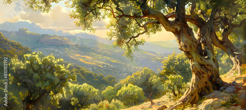 Sunlit olives clinging to gnarled branches  with a backdrop of deep green foliage and distant rolling hills