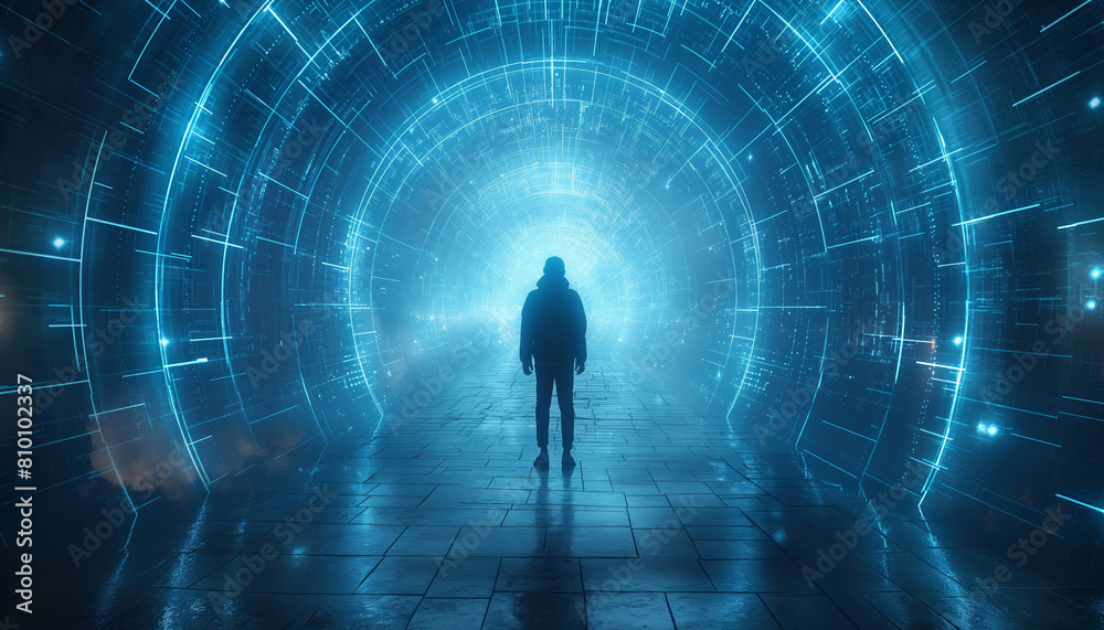 Futuristic blue neon tunnel with walking man Futuristic blue neon tunnel with walking man