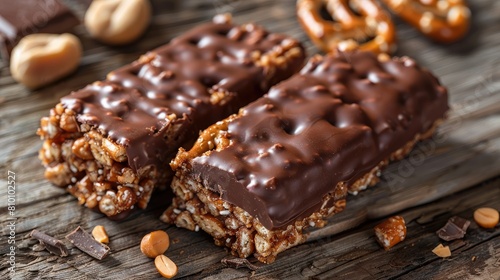 protein bar made of pretzels crumbs with peanut butter covered with chocolate AI generated