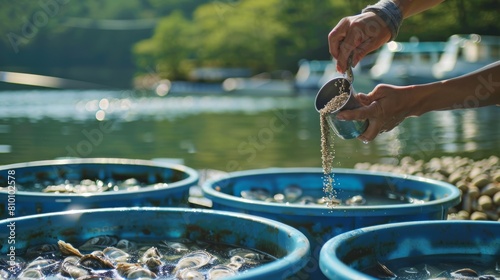Person Feeds Fish in the Farm Pond photo