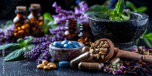 Closeup of ayurvedic capsules and herbs in mortar on black background. Concept Ayurvedic capsules  Herbal medicine  Mortar and pestle  Close-up photography  Black background