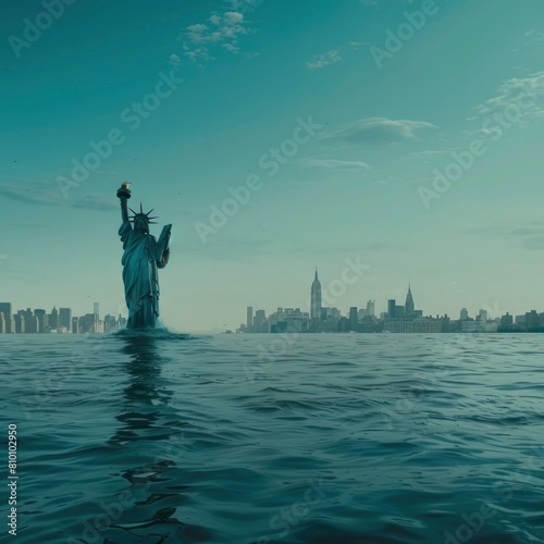 Endless ocean with New York City in the background and the Statue of Liberty floating on it holding up her torch above the water level.