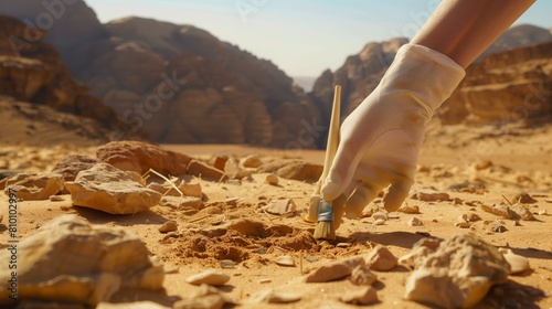 Archaeologist inspecting desert ruins, gloved hand with brush. Meticulous work in desert environment photo