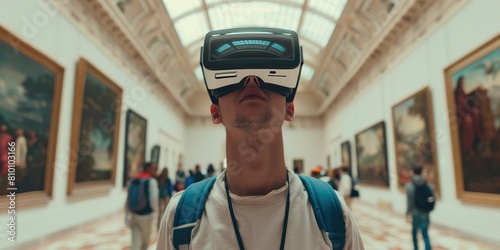 A young man wearing VR glasses in the museum hall with people walking around