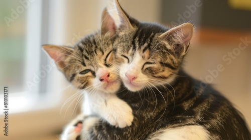 Sleeping kittens cuddled together, great for pet and comfort themes.