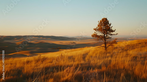 The high plains in the golden hour, with long shadows and a lone tree standing against a backdrop of rolling hills