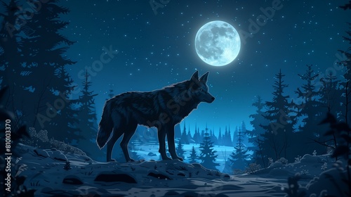 Mystic Wolf in Moonlit Forest - Hyper-Realistic 2D Illustration with Copy Space for Text. Ethereal Atmosphere with Glowing Moonlight. Cool Twilight Tones. © Hammad