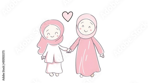 pink colour doodle art of mother and daughter holding hand and wearing hijab on white background and love shape