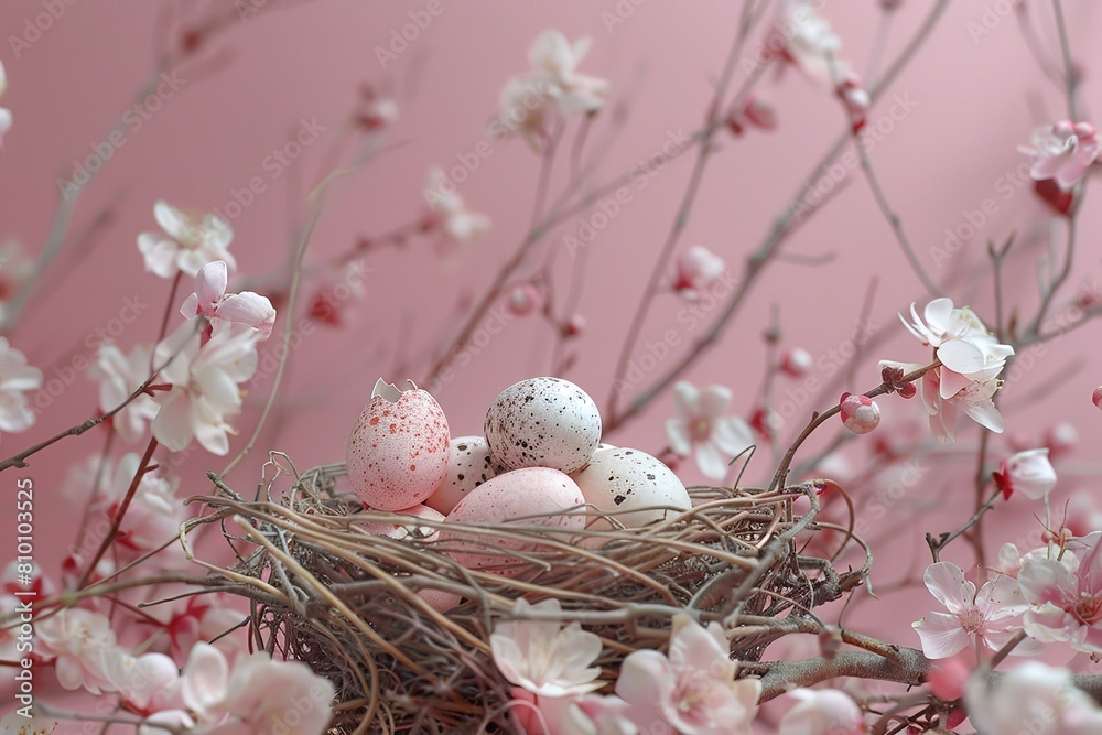 a nest with eggs on a pink background