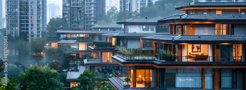 Fusion of Modern Apartments and Chinese Roof Architecture ,Modern Apartment Buildings with Chinese Style Roofs
