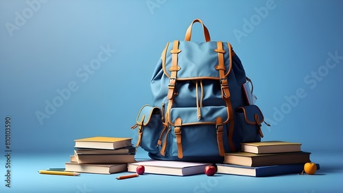 A full school rucksack with books on a blue background with space for copying is shown. Concept of a Back-to-School digital art piece photo