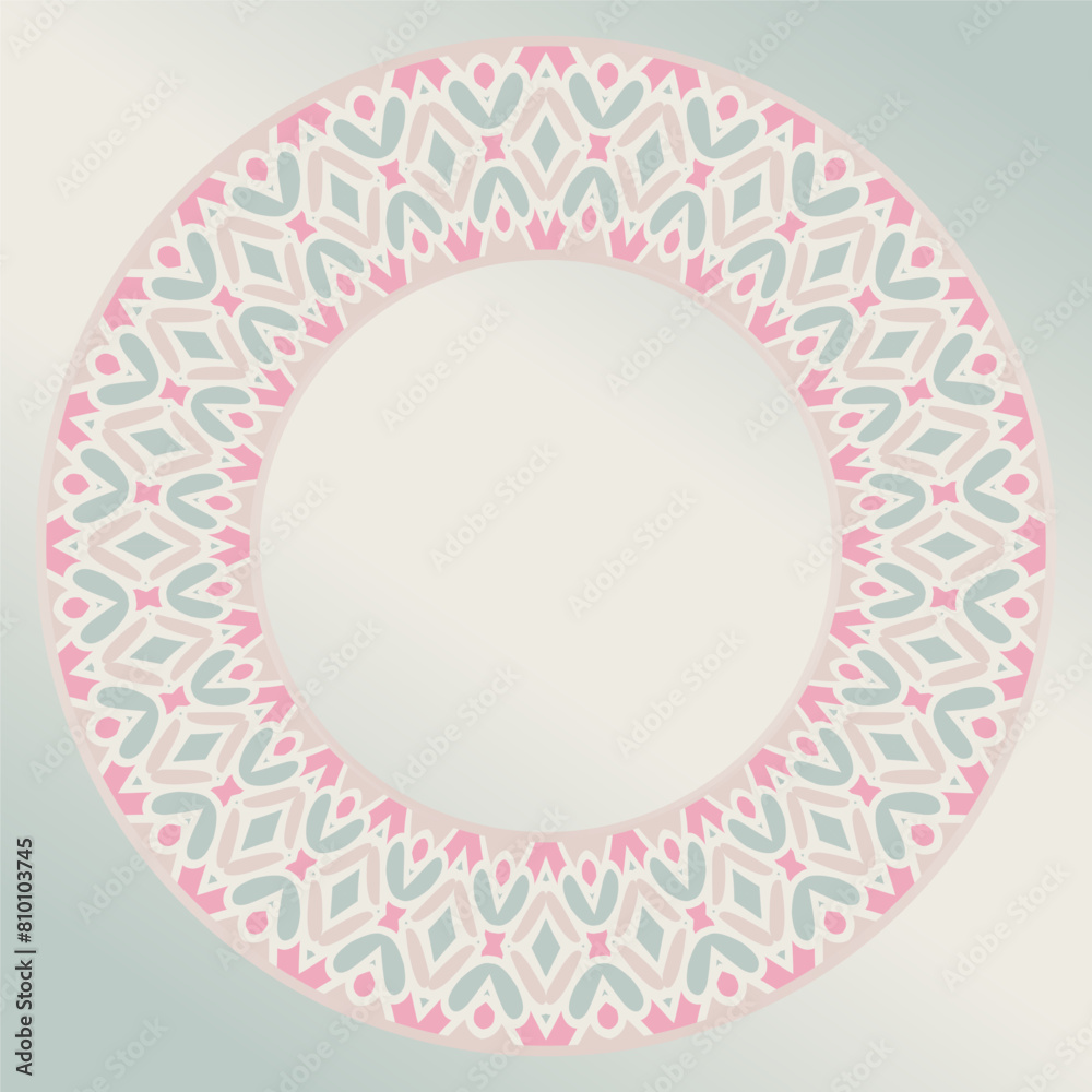 Decorative round ornament in pink blue white. Pattern for plates or dishes. Porcelain pattern design. Abstract floral ornament border. Decorative round ornament in pink blue white. Pattern for plates or dishes. Porcelain pattern design. Abstract floral ornament border.
