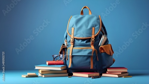 A full school rucksack with books on a blue background with space for copying is shown. Concept of a Back-to-School digital art piece photo