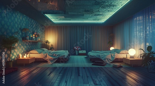 blue wood floor, luxurious king size beds in it, candles flowers and lamps on shelves. soft, warm colors, digital painting by simon AI generated photo