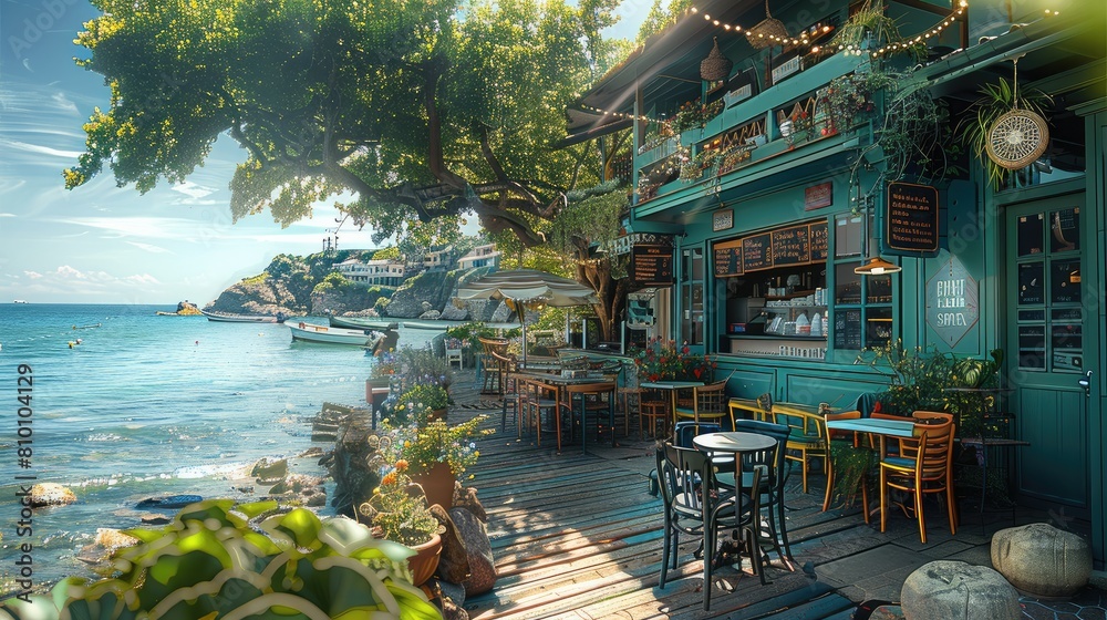 Wide view, outdoor seaside coffee shop, green main color. Generative AI.