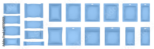 Set of realistic pouch mockups. Blue flow pack, sachet, zip bag. Soap wrapper. Sheet mask sachet. Soap or wet wipes packaging. Sugar stick