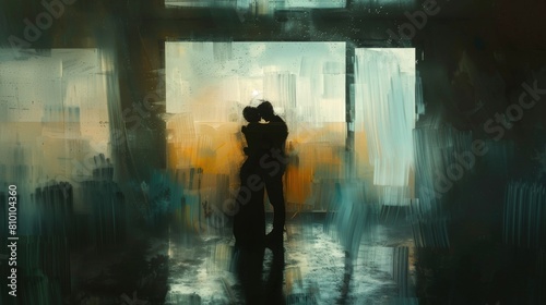  the window there is a silhouette of a man and a woman hugging  the woman is almost transparent and she disappears in the arms of a man AI generated