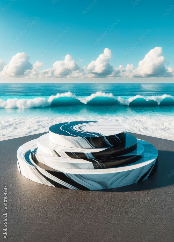 Obraz premium A surreal marble table on a sandy beach, surrounded by clouds and the soft light of the sun.