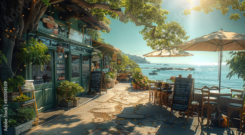 Wide view, outdoor seaside coffee shop, green main color. Generative AI. photo