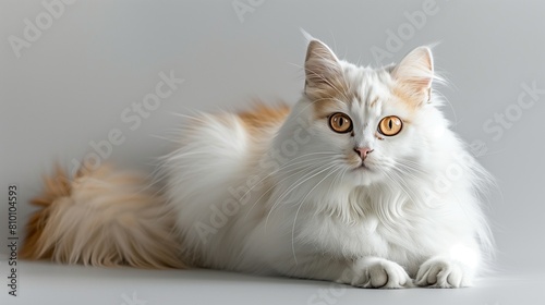 Sophisticated Turkish Angora Cat Posing on Plain Background, Room for Text Overlay
