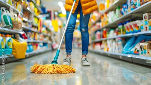 Woman cleaning the floor with a mop in a store: close-up shot. Concept Close-up Shot, Indoor Cleaning, Store Environment, Mop Cleaning, Woman Worker photo