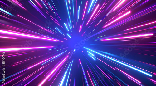 3d Render, Blue purple light line through dark background, hyper speed warp in space.
