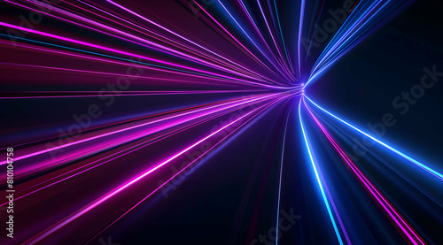 3d Render  Blue purple light line through dark background  hyper speed warp in space.