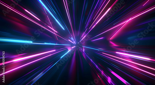 3d Render, Blue purple light line through dark background, hyper speed warp in space. photo