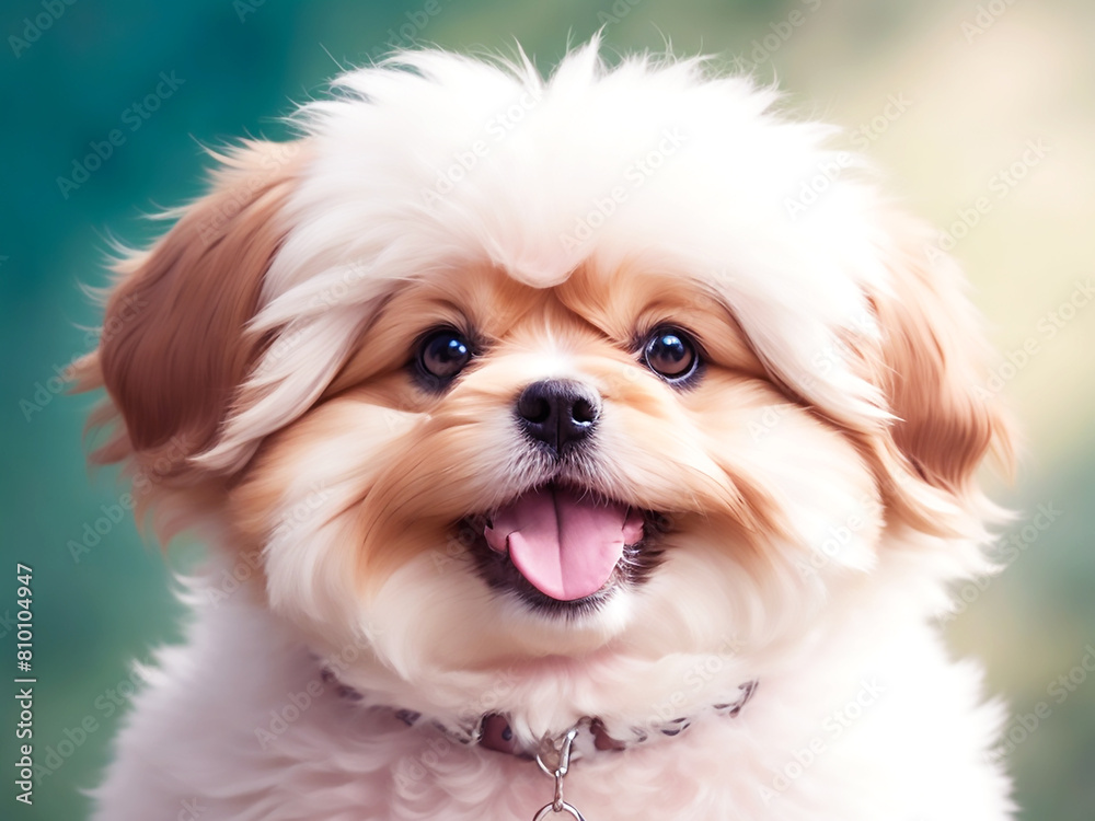 Cute fluffy portrait smile Puppy dog that looking at camera, funny moment, lovely dog